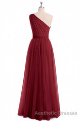 Wine Red Tulle One-Shoulder A-Line Bridesmaid Dresses